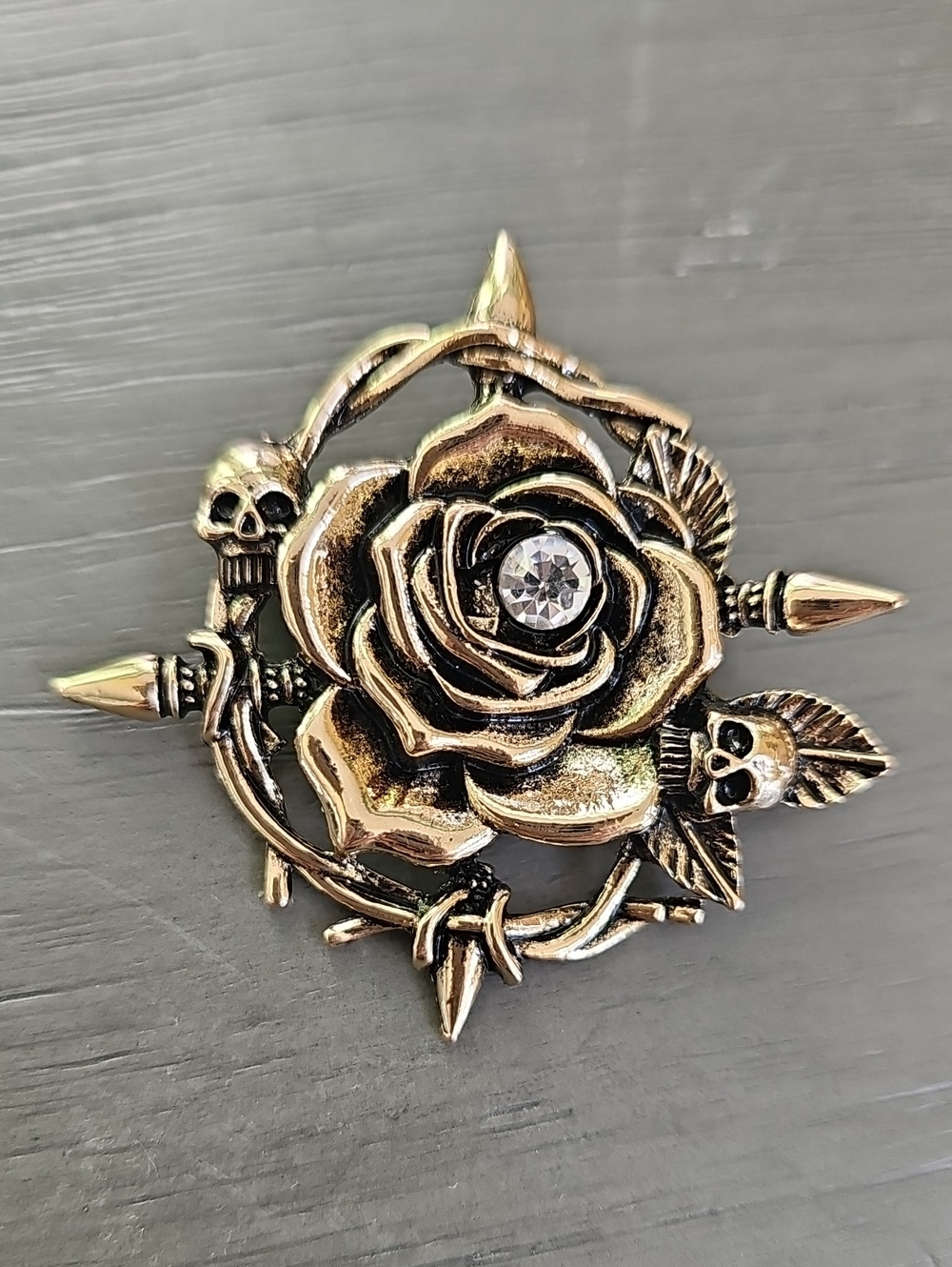 Vintage-Inspired Gold Rose Skull Brooch with Clear Crystal